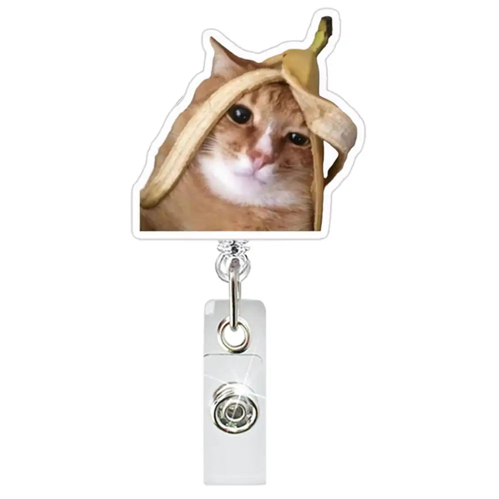 A close-up photo of a tabby cat wearing a light-colored fabric around its head, positioned above an ID badge holder.