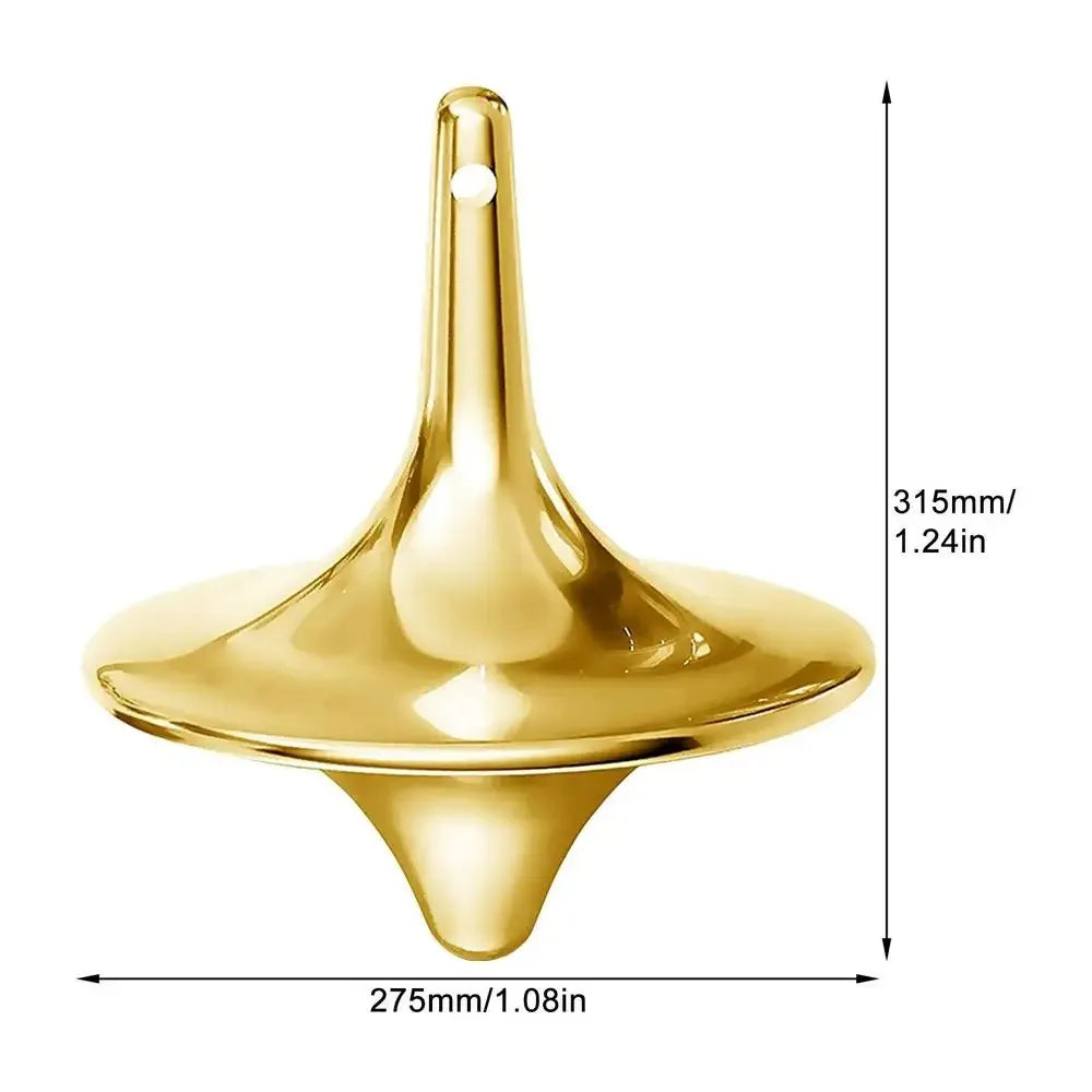 A gold metal hand spinning top fidget toy with a pointed base and wide top.