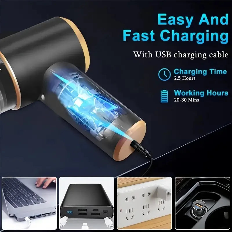 A portable dual-purpose rechargeable vacuum cleaner with a USB charging cable and various accessories shown in different angl