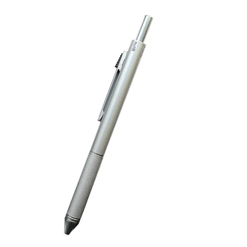 Silver 4-in-1 gravity sensor ballpoint pen with a mechanical pencil shown diagonally.