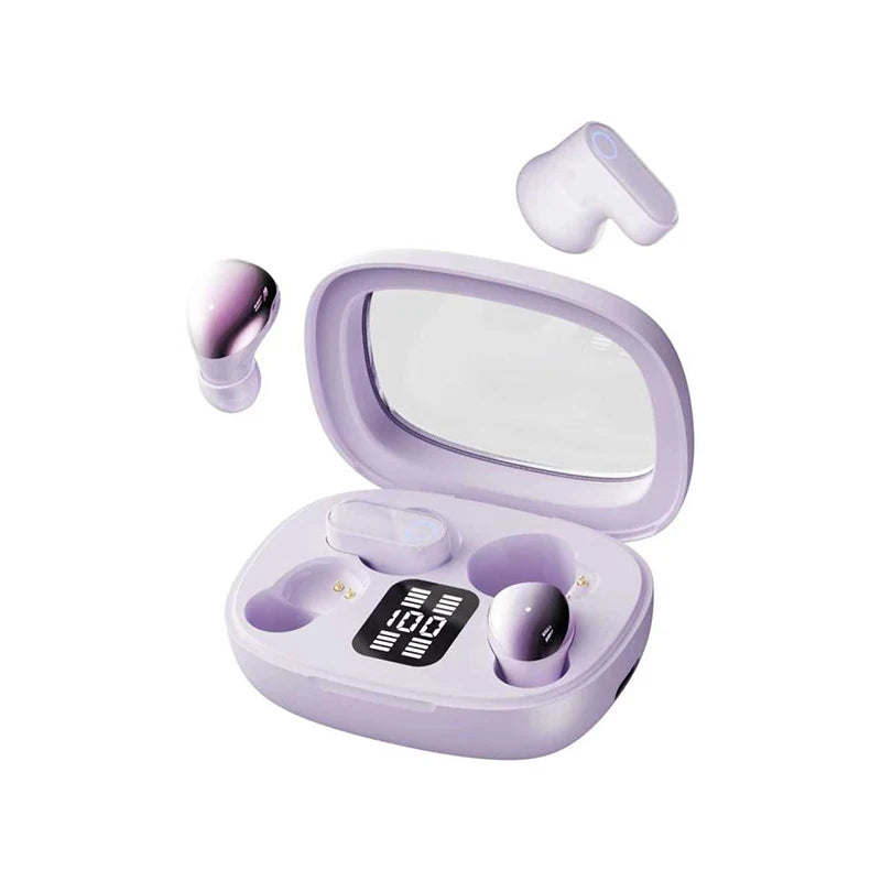 A purple 4-in-1 wireless Bluetooth sleep earbud charging case with a mirror and earbuds.