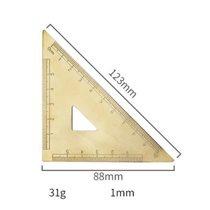 A brass drafting triangle with a scale marked in centimeters and millimeters, showing an angle measurement.