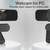 Eine schwarze 4K-Webcam für PC wird auf einer weißen Oberfläche gezeigt, die Design und Funktionen hervorhebt.
