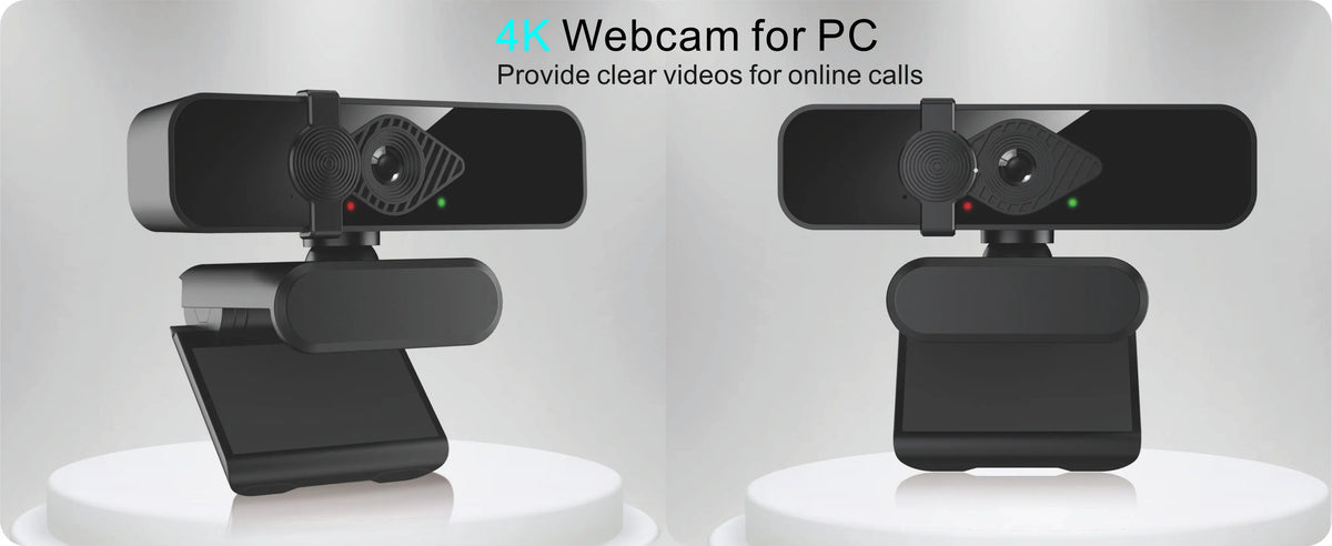 Eine schwarze 4K-Webcam für PC wird auf einer weißen Oberfläche gezeigt, die Design und Funktionen hervorhebt.