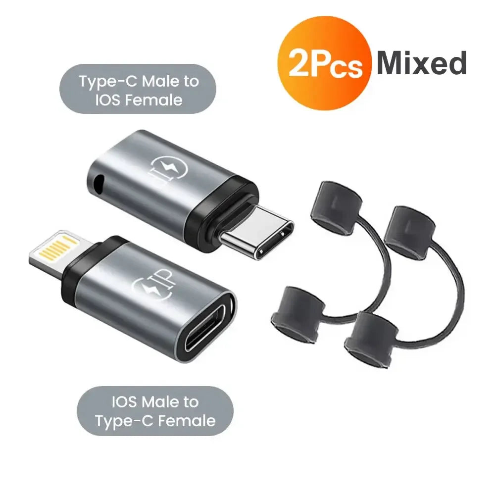 Zwei gemischte USB-C-Adapter, darunter männlich auf weiblich und iOS-Weiblich auf USB-C-weiblich Konverter.