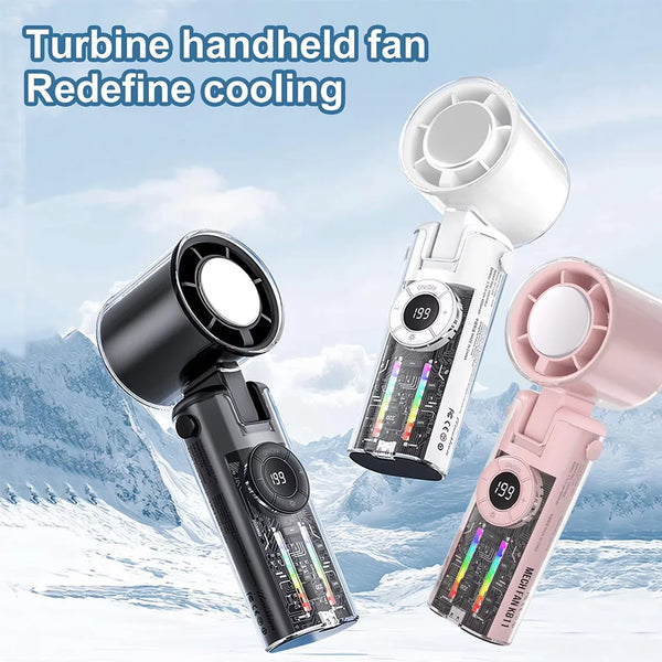 Un ensemble de ventilateurs portables turbine noirs et roses sur fond de montagne enneigée.