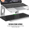 Aluminum alloy laptop stand holding a MacBook and an extra keyboard for desk organization