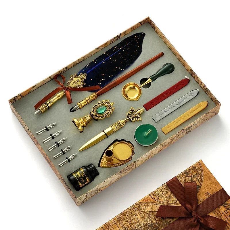 A luxury fountain pen set with a wax seal kit displayed in a wooden box, featuring various pens and seals.