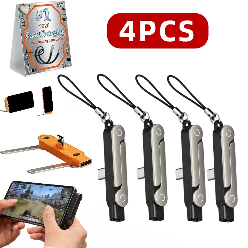 Four black folding USB-C to USB-C charging cables and a phone stand are shown.