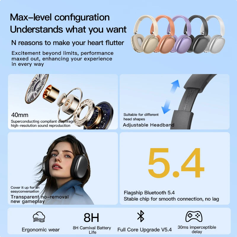 Wireless over-ear headphones shown with various color options and features like 40mm drivers, adjustable headband, and 5.4 Bl