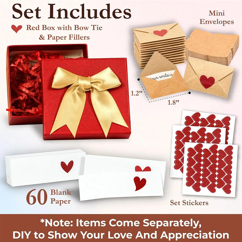 A set of red boxes, mini envelopes, and sixty blank paper cards with heart stickers for DIY notes.