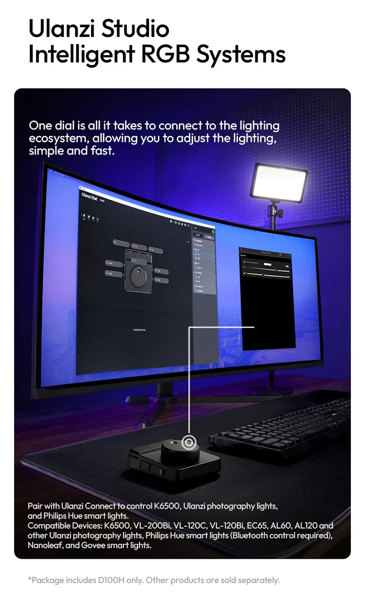 Sistemas RGB inteligentes Ulanzi Studio con controlador de dial conectado a equipo de iluminación.