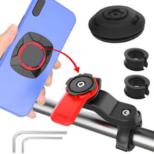 A universal motorcycle phone mount with a vibration dampener shown attached to a phone and a handlebar.