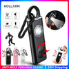 A black personal safety alarm device with a carabiner clip and LED light is shown, along with various color options.