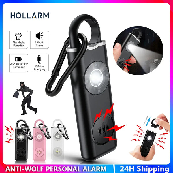 A black personal safety alarm device with a carabiner clip and LED light is shown, along with various color options.