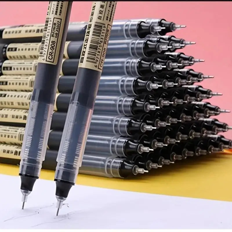 A close-up view of a bulk set of black and silver precision gel pens arranged in a fan shape.