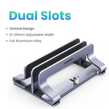 A silver aluminum alloy dual slot vertical laptop stand with an adjustable width.