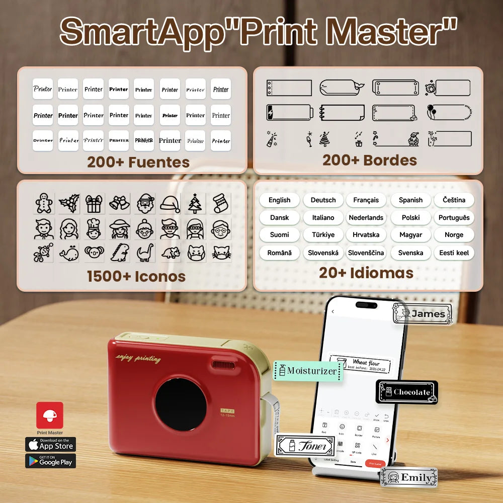 A SmartApp Print Master device and smartphone displaying various icons and language options for custom label creation.