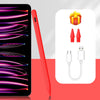 A red magnetic stylus pen and charging cable with a gift box shown next to an iPad screen.