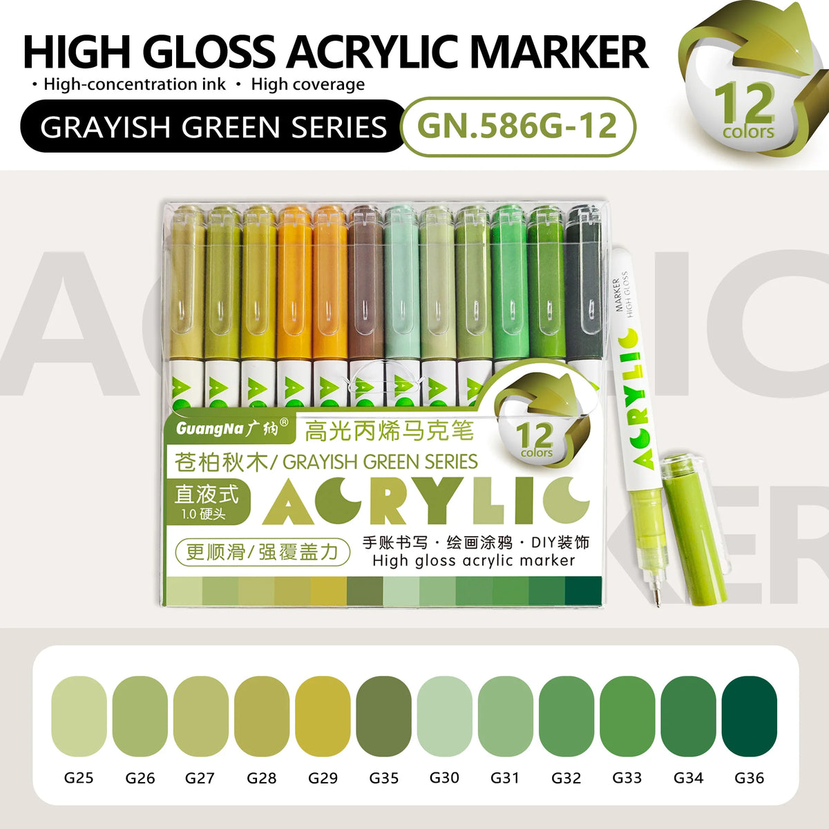 A set of High Gloss Acrylic Markers in the Grayish Green series, featuring various shades from G25 to G36.