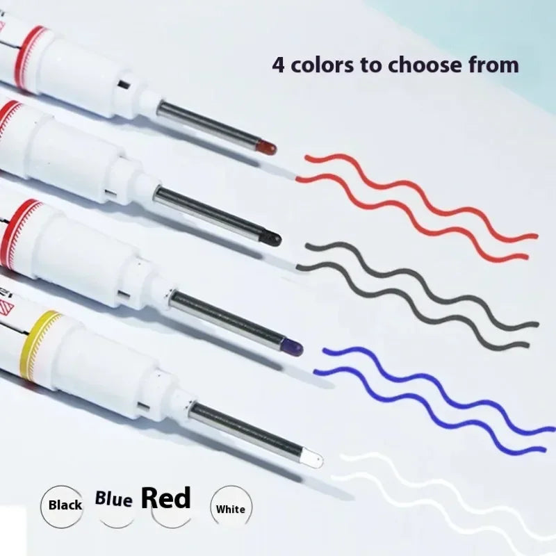 A set of four waterproof deep hole marker pens in black, red, and blue colors shown with wavy lines.