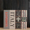 A set of three vertical key lock safe boxes in gray, beige, and dark wood tones.