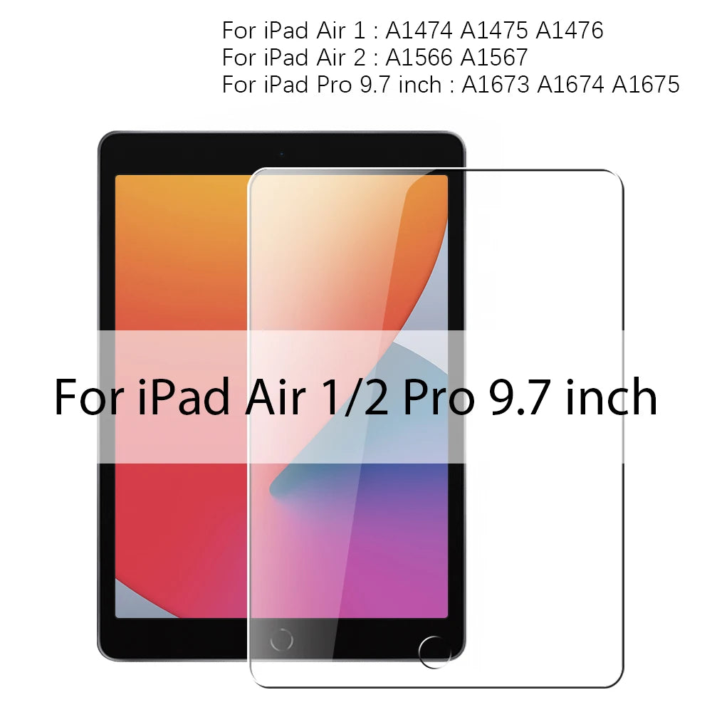 A transparent tempered glass screen protector for an iPad Air 1/2 Pro 9.7 inch tablet.