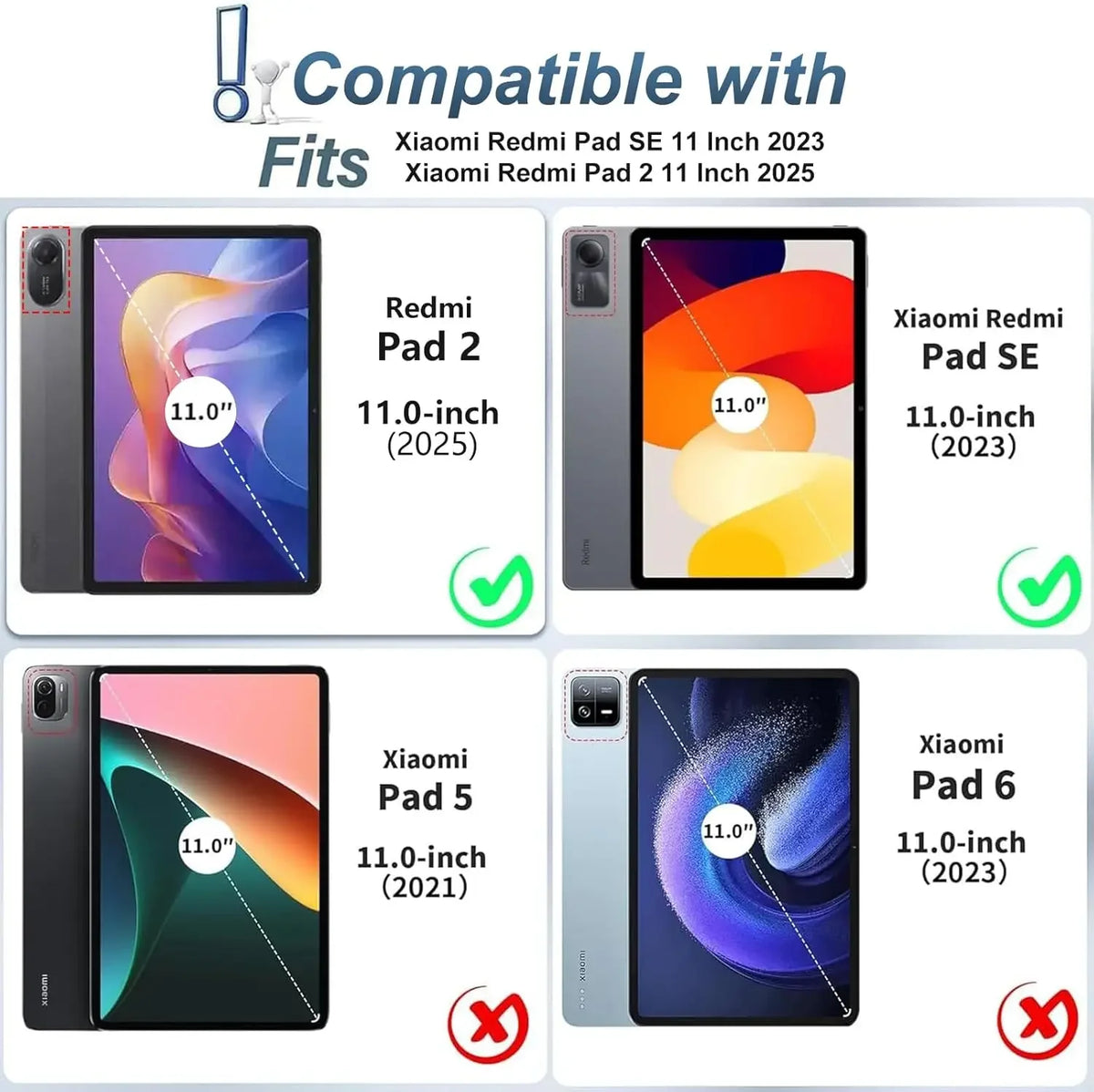 Compatibility chart showing that the Wireless Bluetooth Keyboard Case fits Xiaomi Redmi Pad SE and Redmi Pad 2.