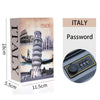 A rectangular box labeled ITALY with a password and an Italian tower image next to a round black combination key lock.