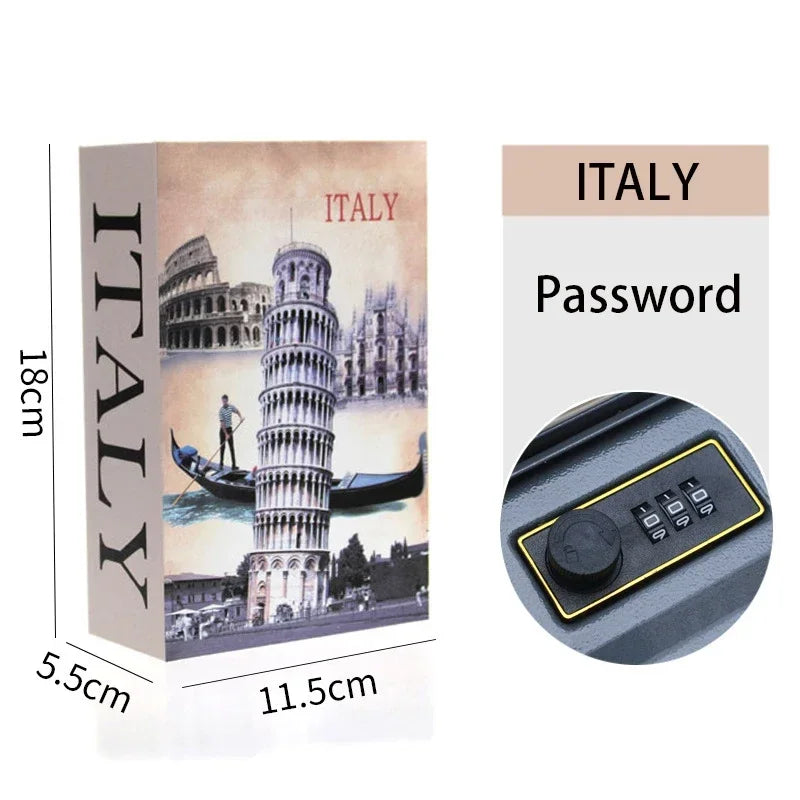 A rectangular box labeled ITALY with a password and an Italian tower image next to a round black combination key lock.