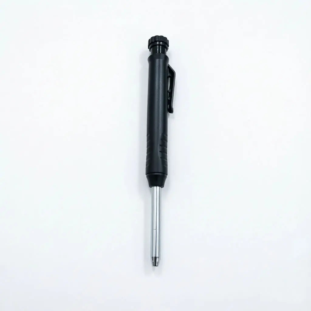 A black refillable woodworking marker pencil with a metal tip and cap.