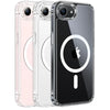 Three clear phone cases, including a pink one and a black one, demonstrating MagSafe compatibility.