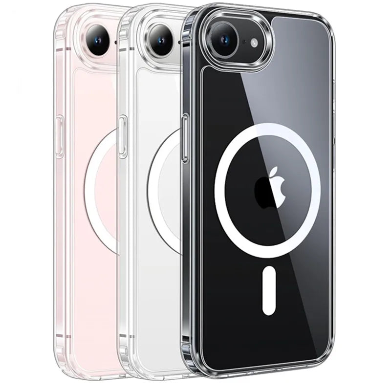 Three clear phone cases, including a pink one and a black one, demonstrating MagSafe compatibility.