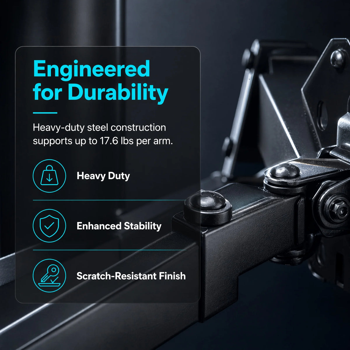 Close-up of a black heavy duty desk mount featuring steel construction and a scratch-resistant finish.