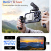 A hand holds a ProRes 4K/120fps instant record and save audio interface for microphone recording.
