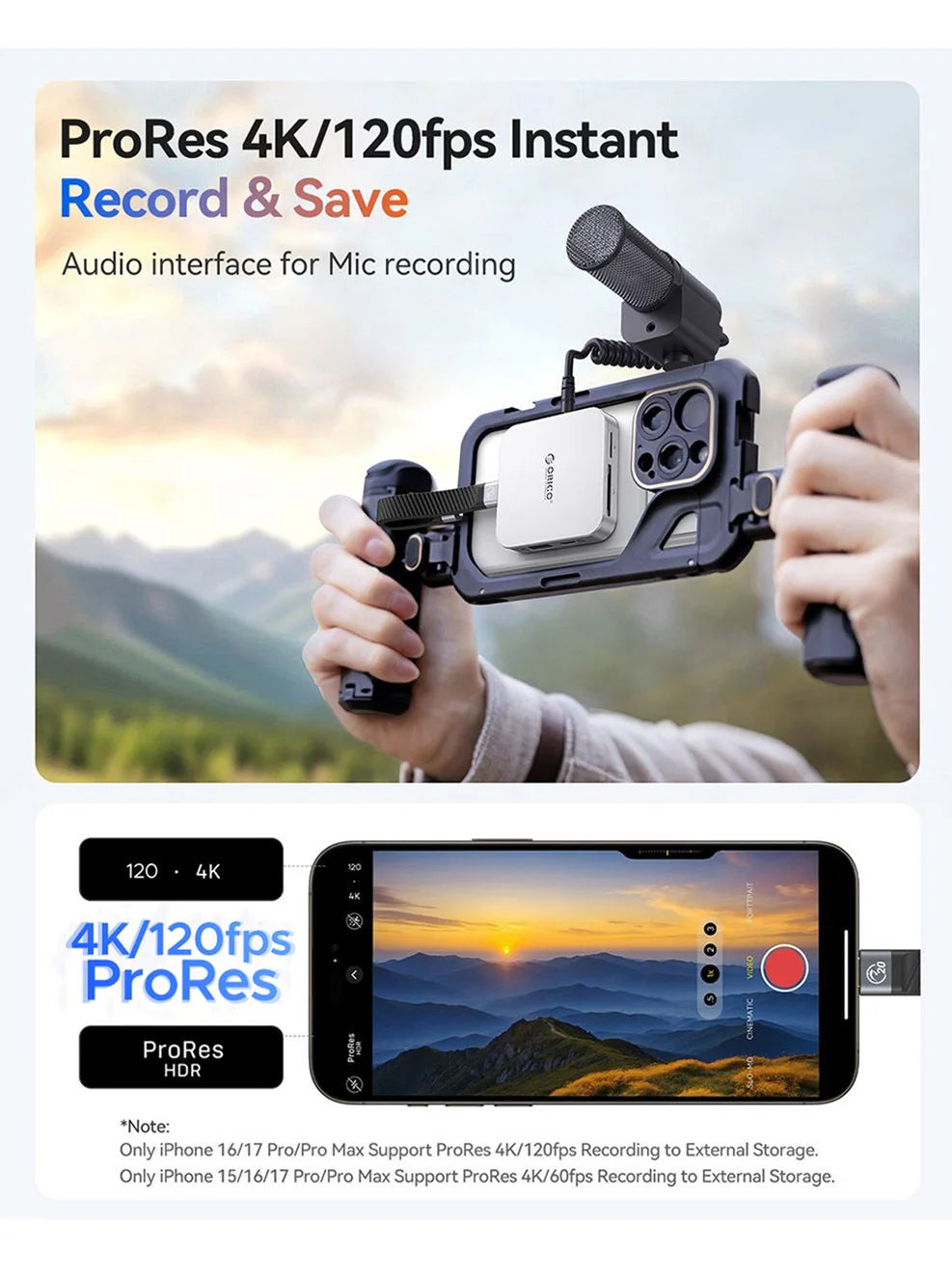 A hand holds a ProRes 4K/120fps instant record and save audio interface for microphone recording.