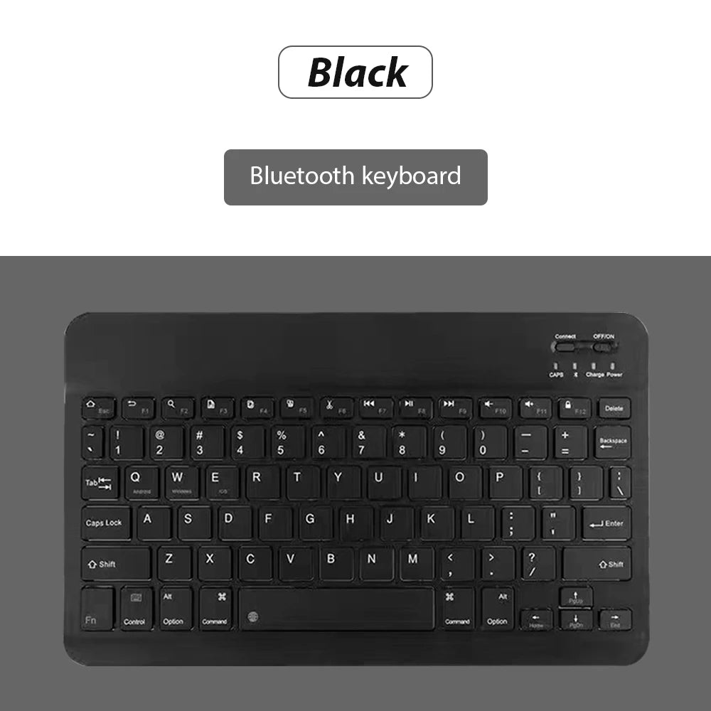 Schwarzes Bluetooth-Tastaturlayout von oben mit verschiedenen Tasten und Funktionen.