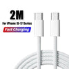 A white 2 meter fast charging cable with USB-C connectors for iPhone devices.