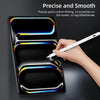 A hand holds a white stylus pen writing on a black tablet screen, demonstrating precise and smooth point control.