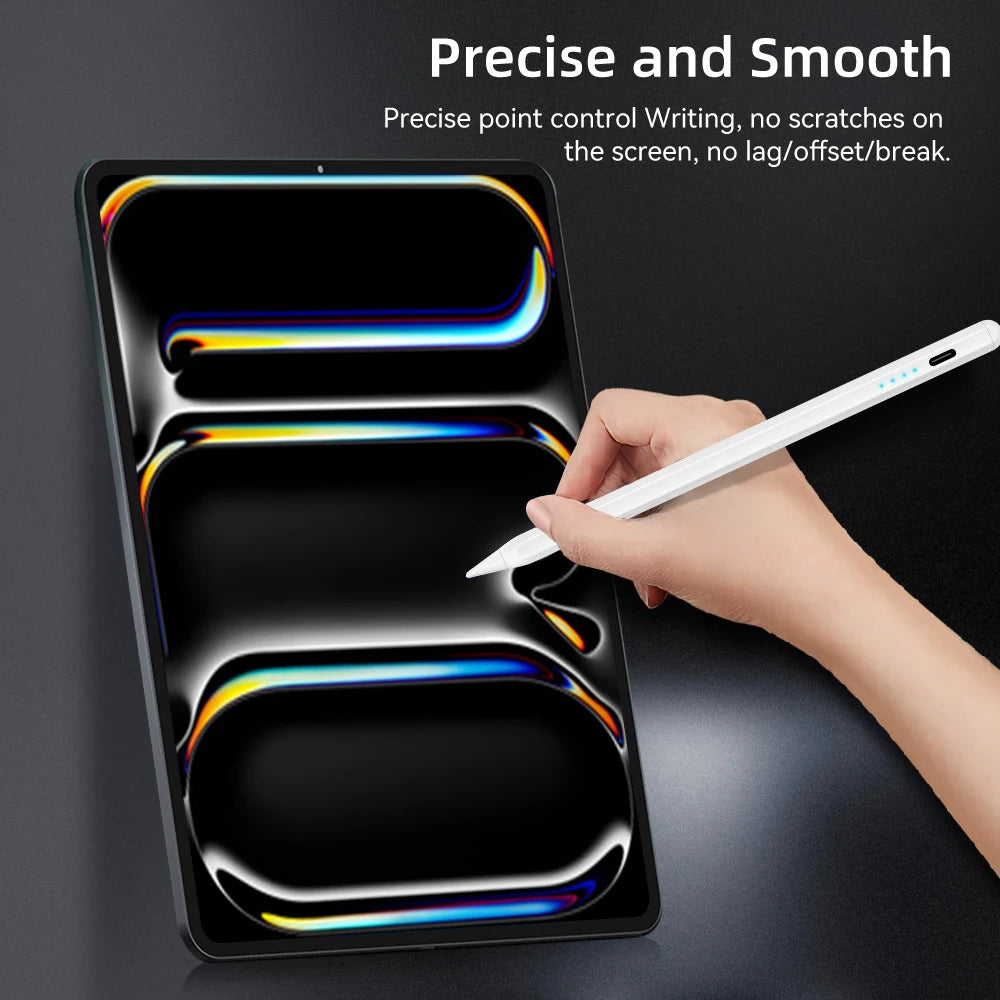 A hand holds a white stylus pen writing on a black tablet screen, demonstrating precise and smooth point control.