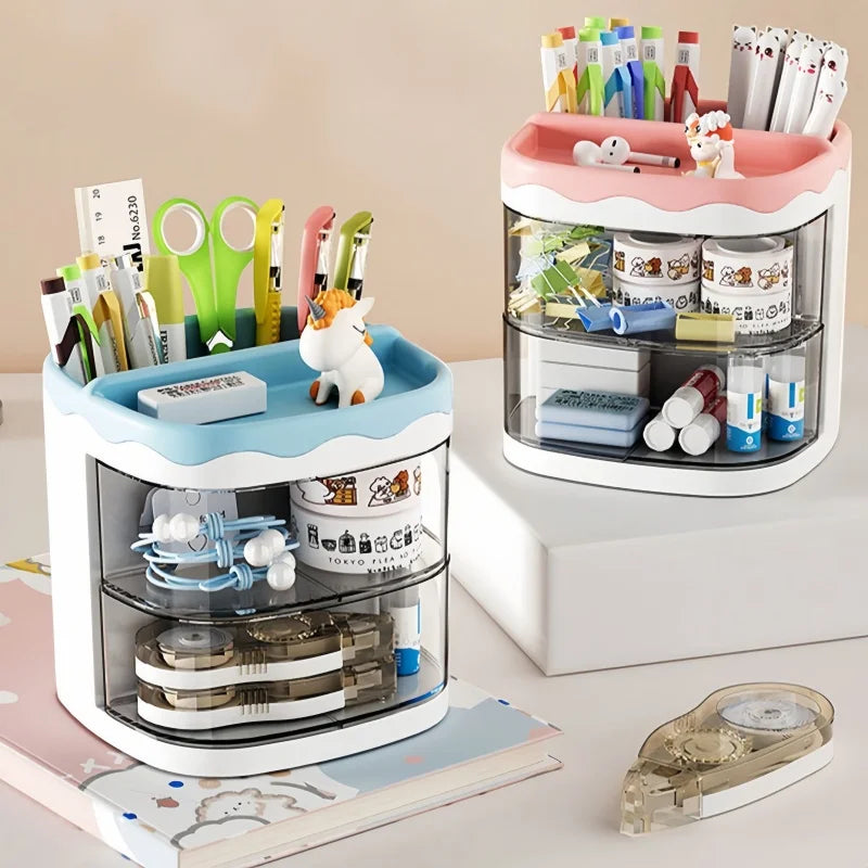 A white desktop pen holder with multiple compartments for pens, pencils, and other stationery items.