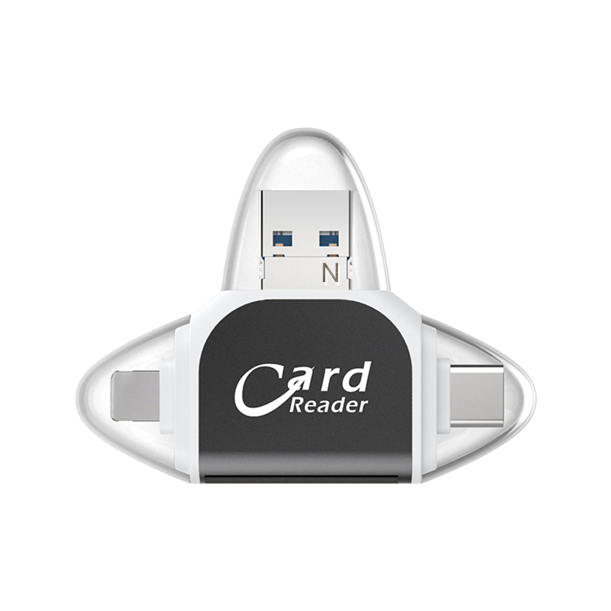 A white card reader device with a silver and black design, featuring a slot for an SD or TF card.