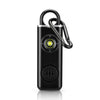 A black personal safety alarm device with a silver casing and a black lanyard attached.