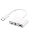 A white 3-in-1 multi-format memory card reader and adapter with a flexible cable.