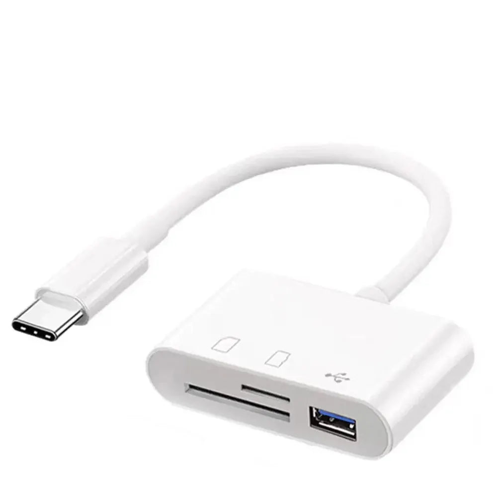 A white 3-in-1 multi-format memory card reader and adapter with a flexible cable.