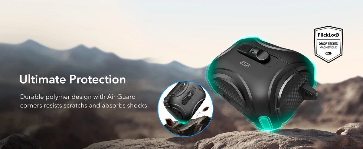 A black magnetic case for AirPods Pro is shown against a blurred outdoor background, highlighting its durable polymer design.