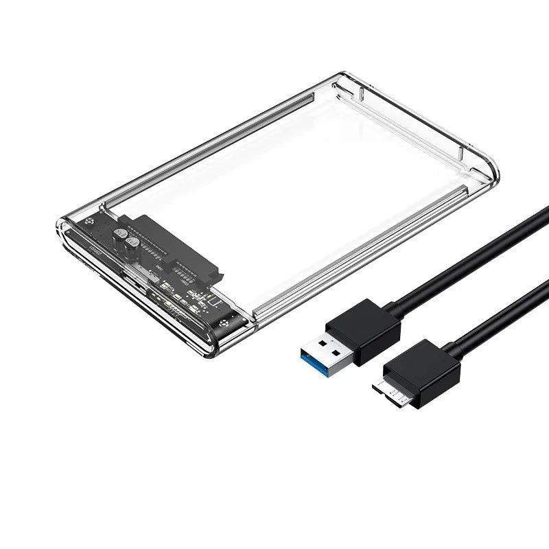 Klare Außenhülle für eine 2,5-Zoll SATA SSD oder HDD mit schwarzem Kabel.