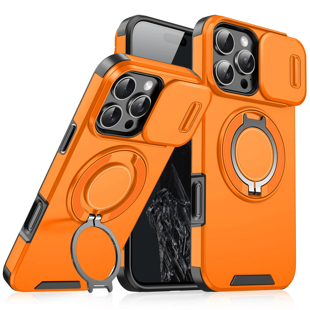 An orange heavy-duty magnetic ring stand with multiple camera lenses and a smartphone display.