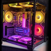 An open PC case displaying an ARGB cooling fan with illuminated components and speakers.