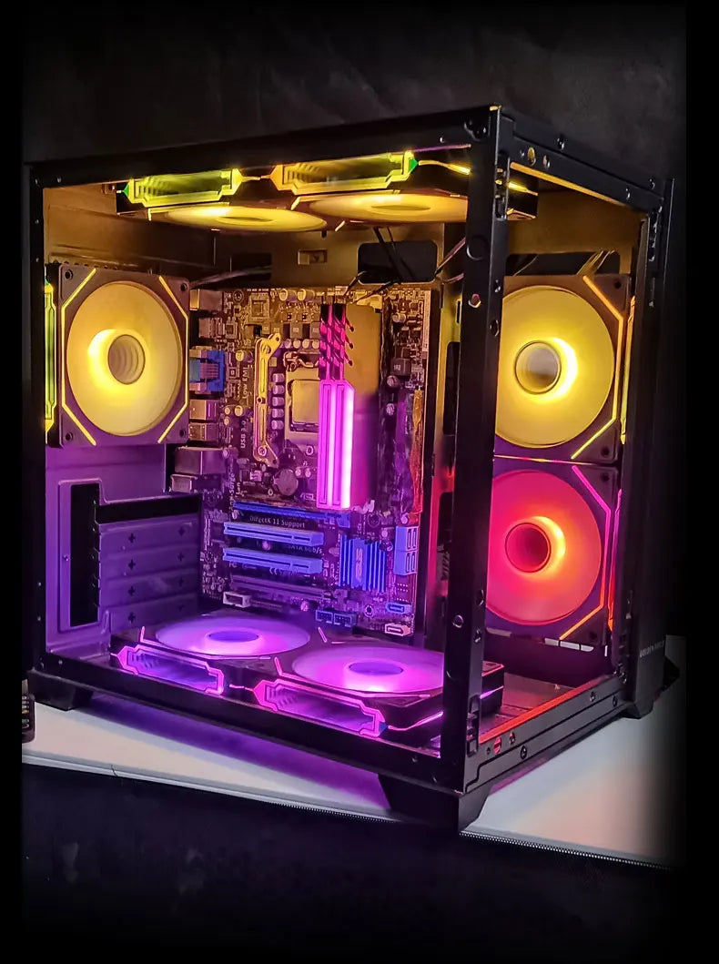 An open PC case displaying an ARGB cooling fan with illuminated components and speakers.